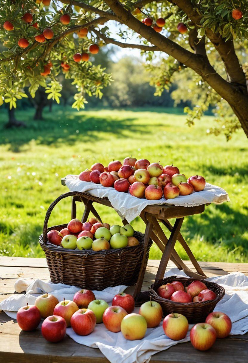 A lush orchard filled with various gourmet apple trees, ripe apples glistening in the sunlight. In the foreground, a vibrant wooden table adorned with an array of colorful apples, a knife, and a rustic basket, inviting the viewer to explore the health benefits. Soft breezes causing the leaves to flutter, creating an inviting, warm atmosphere. Background reveals a sunny, idyllic countryside landscape. super-realistic. vibrant colors. 3D.