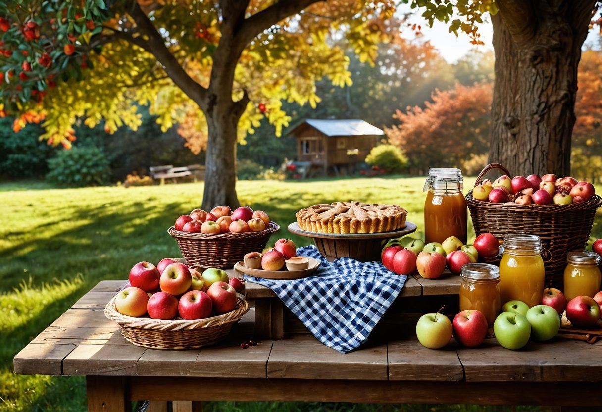 A vibrant autumn scene featuring a wooden table laden with a variety of apples in different colors and sizes, alongside freshly baked apple pie and jars of homemade apple sauce. Include lush fall foliage and a basket of spices like cinnamon and nutmeg scattered around. Light rays filtering through trees in the background to create a warm, inviting atmosphere. super-realistic. vibrant colors. rustic style.