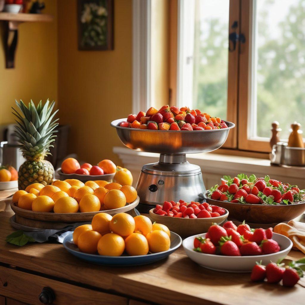 A vibrant kitchen scene showcasing an array of fresh, colorful fruits like oranges, strawberries, and apples, beautifully arranged around a wooden table. In the background, a vibrant fruit-laden juicer, a baking tray with golden pastries, and a simmering pot of delicious stew are artfully displayed. Sunlight streams through the window, illuminating the culinary creations. The atmosphere is warm and inviting, evoking a sense of creativity and passion for food. super-realistic. vibrant colors. warm lighting.